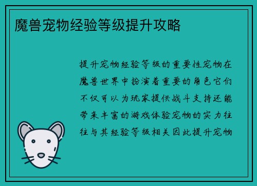 魔兽宠物经验等级提升攻略